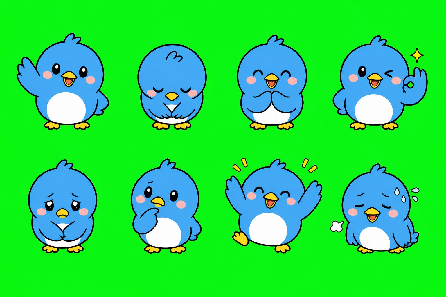 AIが一言の依頼から生成した教材用の青い鳥LINEスタンプ候補8ポーズ