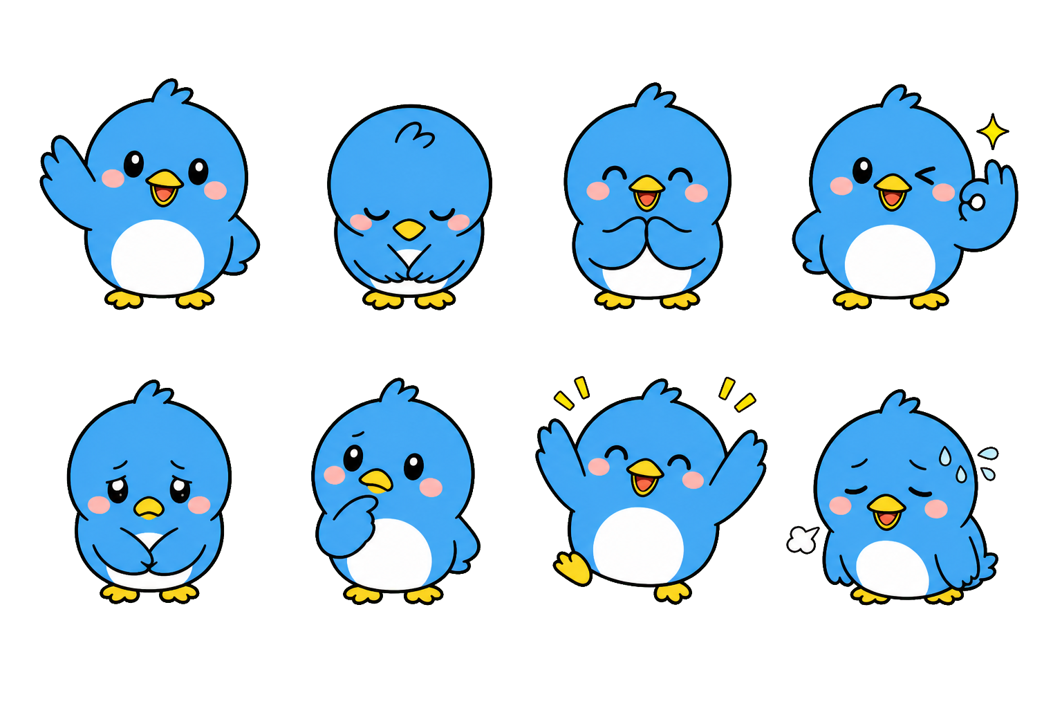 背景を透明にした青い鳥のLINEスタンプ候補8ポーズ