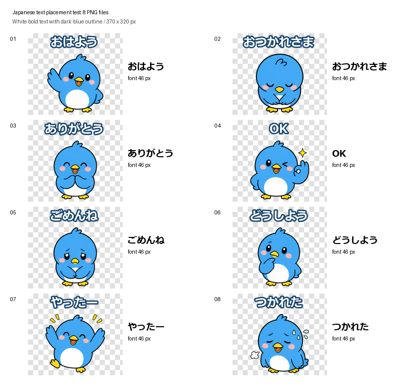 青い鳥の8ポーズへ日本語の文字を配置した比較一覧